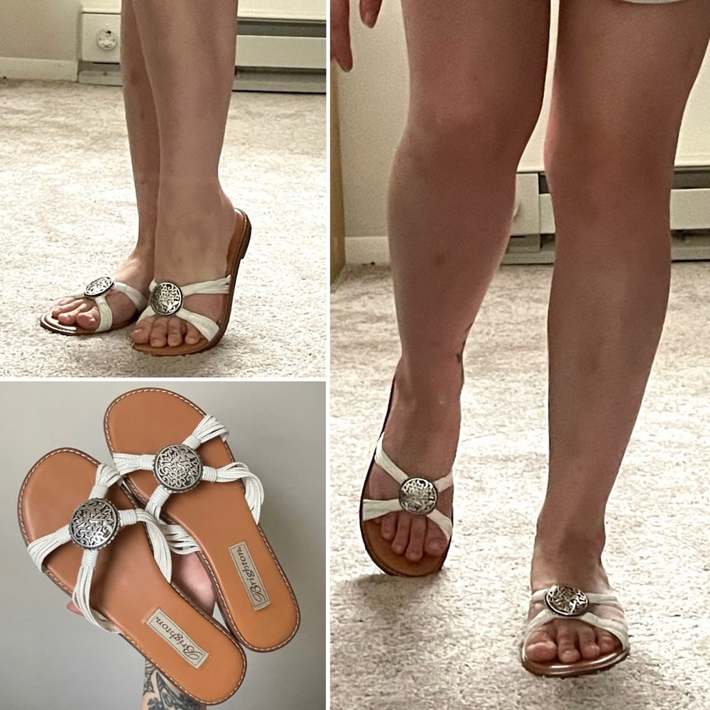Brighton⚡️Ornate White and Tan Sandals with Elegant Silver Charm Accents - Picture 2 of 14